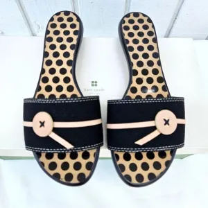 Kate Spade NEW &quot;Toby&quot; Black &amp; Natural Canvas &amp; Leather Slide Sandals NWT Sz 6B