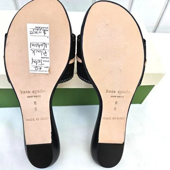 Kate Spade NEW &quot;Toby&quot; Black &amp; Natural Canvas &amp; Leather Slide Sandals NWT Sz 6B