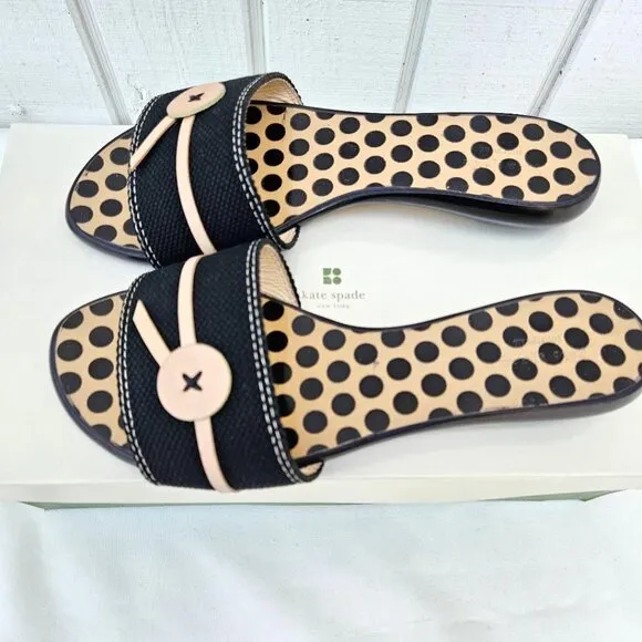Kate Spade NEW &quot;Toby&quot; Black &amp; Natural Canvas &amp; Leather Slide Sandals NWT Sz 6B