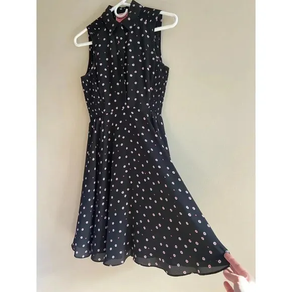 Kate Spade New York Daisy Dot Shirt Dress Size 0 Black Pink Polka Dot Florals