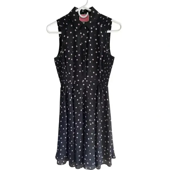 Kate Spade New York Daisy Dot Shirt Dress Size 0 Black Pink Polka Dot Florals