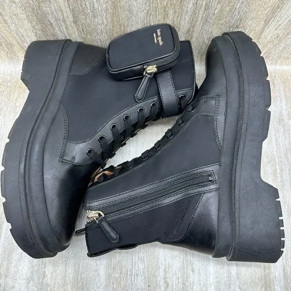 Kate Spade New York WINONA‎ Combat Boots Womens 9.5 Black Lace-up Pouch Lugged