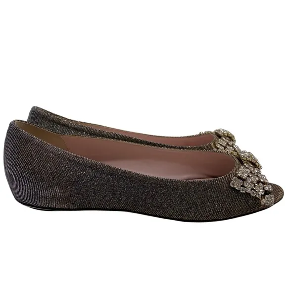 Kate Spade Womens Shoes Crystal Bow Flats 6.5 Gold Silver Designer Leather Italy