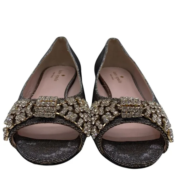 Kate Spade Womens Shoes Crystal Bow Flats 6.5 Gold Silver Designer Leather Italy