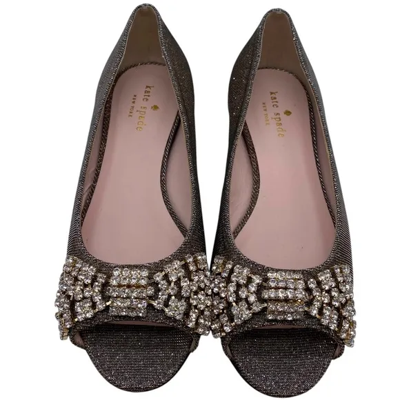 Kate Spade Womens Shoes Crystal Bow Flats 6.5 Gold Silver Designer Leather Italy