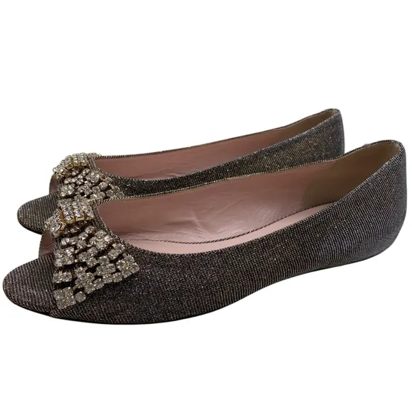 Kate Spade Womens Shoes Crystal Bow Flats 6.5 Gold Silver Designer Leather Italy