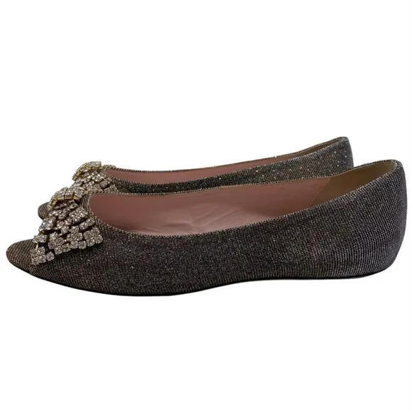 Kate Spade Womens Shoes Crystal Bow Flats 6.5 Gold Silver Designer Leather Italy