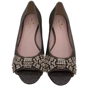 Kate Spade Womens Shoes Crystal Bow Flats 6.5 Gold Silver Designer Leather Italy