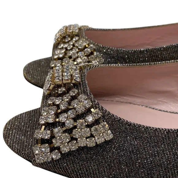 Kate Spade Womens Shoes Crystal Bow Flats 6.5 Gold Silver Designer Leather Italy