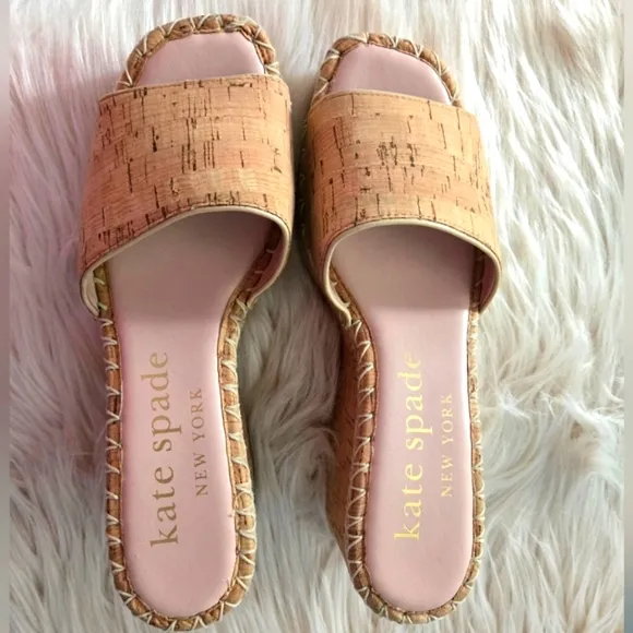 Kate Spade ♤ Womens Tan Cork Espadrilles Wedge Sandals Slides♤ Size 8 ♤ Like New
