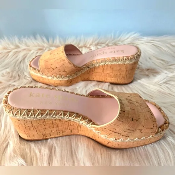 Kate Spade ♤ Womens Tan Cork Espadrilles Wedge Sandals Slides♤ Size 8 ♤ Like New