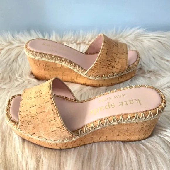Kate Spade ♤ Womens Tan Cork Espadrilles Wedge Sandals Slides♤ Size 8 ♤ Like New
