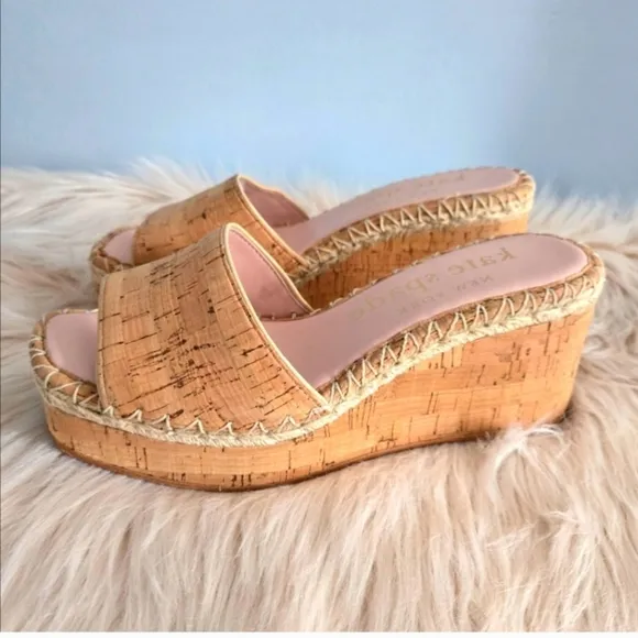 Kate Spade ♤ Womens Tan Cork Espadrilles Wedge Sandals Slides♤ Size 8 ♤ Like New