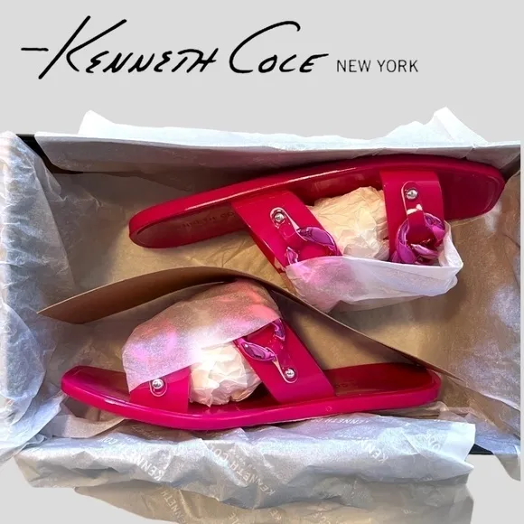 KENNETH COLE Neko Two Band Jelly Slides w/Enamel-Curb-Link-Chain Detail NWT/7M