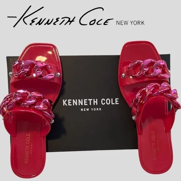 KENNETH COLE Neko Two Band Jelly Slides w/Enamel-Curb-Link-Chain Detail NWT/7M