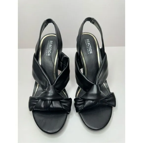 Kenneth Cole Sandals Womens Size 8 Black Faux Leather Slingback Knot Heels
