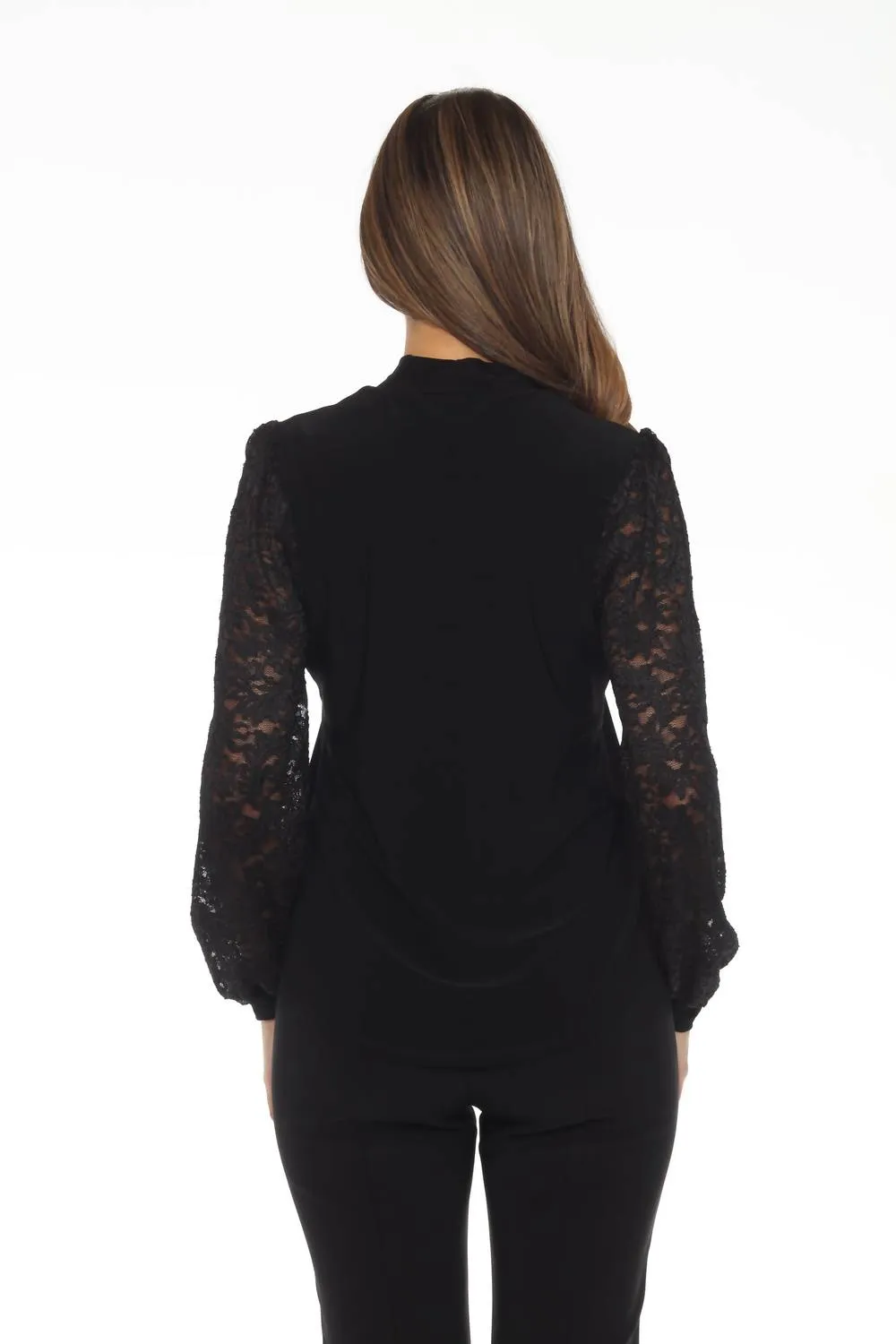 Keyhole Neck Lace Sleeve Top In Black