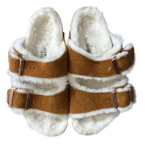 Kids Birkenstock Arizona Shearling Suede Mink Slide Leather Sandals Size 33