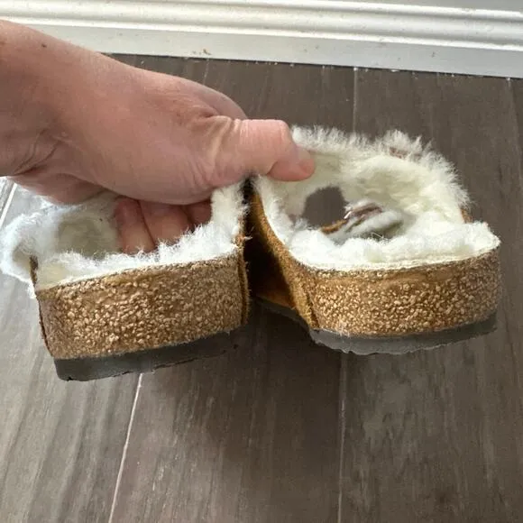Kids Birkenstock Arizona Shearling Suede Mink Slide Leather Sandals Size 33