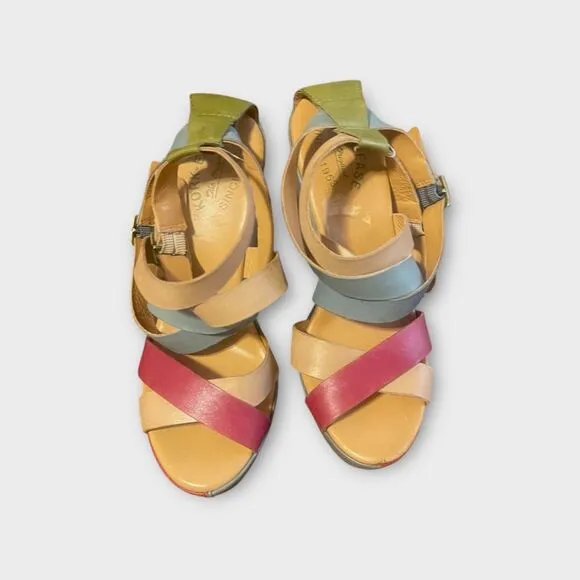 Kork-Ease Hailey Leather Platform Wedge Sandals 11 Natural Colorblock Spring