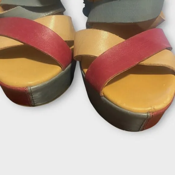 Kork-Ease Hailey Leather Platform Wedge Sandals 11 Natural Colorblock Spring