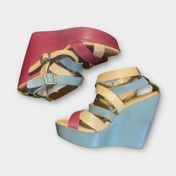 Kork-Ease Hailey Leather Platform Wedge Sandals 11 Natural Colorblock Spring
