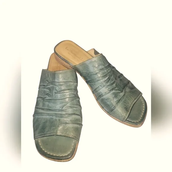 La Bottega Di Lisa Teal Handmade  Made In Italy Leather Slide Sandals Sz 37 1/2
