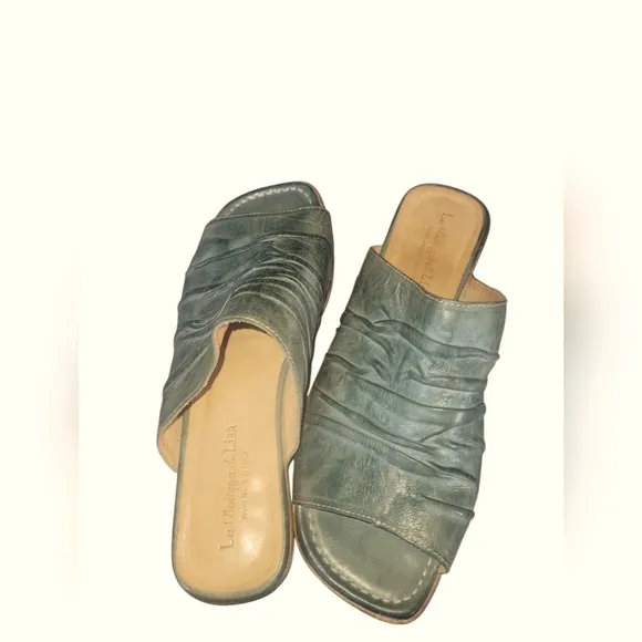 La Bottega Di Lisa Teal Handmade  Made In Italy Leather Slide Sandals Sz 37 1/2