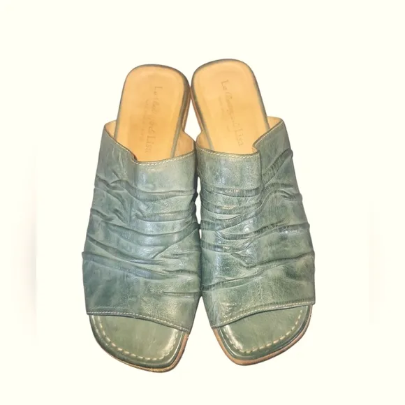 La Bottega Di Lisa Teal Handmade  Made In Italy Leather Slide Sandals Sz 37 1/2