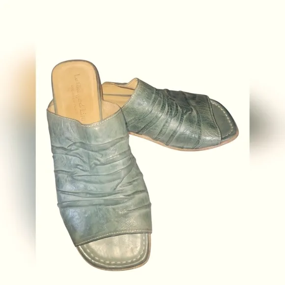La Bottega Di Lisa Teal Handmade  Made In Italy Leather Slide Sandals Sz 37 1/2