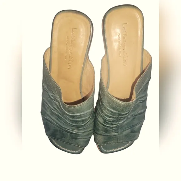 La Bottega Di Lisa Teal Handmade  Made In Italy Leather Slide Sandals Sz 37 1/2