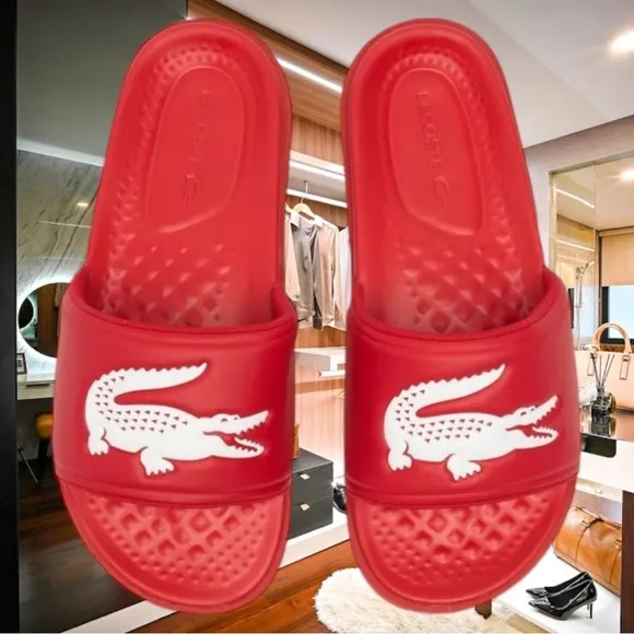 LACOSTE DUALISTE SLIDE SANDALS~RED / WHITE CROCODILE~SZ 12.0