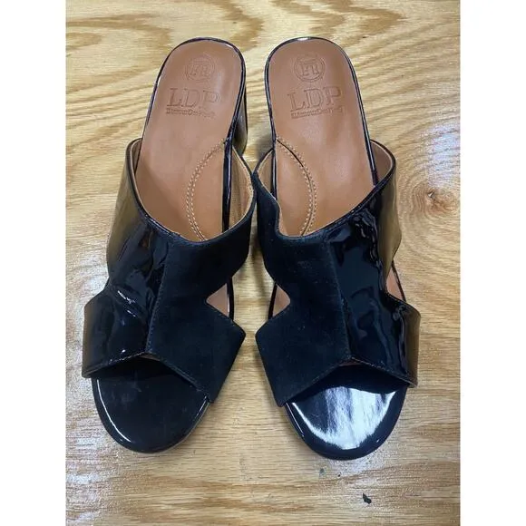 L'Amour Des Pieds Slide Sandals Womens 8.5 Black Brown Patent Leather Preppy S31