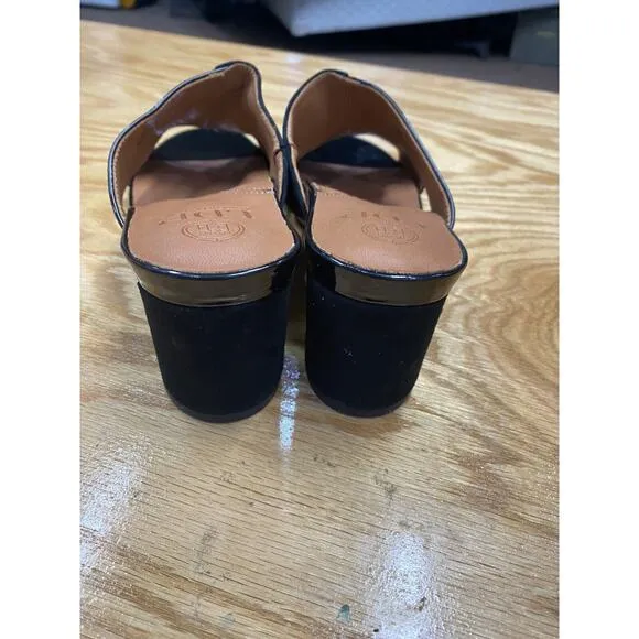 L'Amour Des Pieds Slide Sandals Womens 8.5 Black Brown Patent Leather Preppy S31