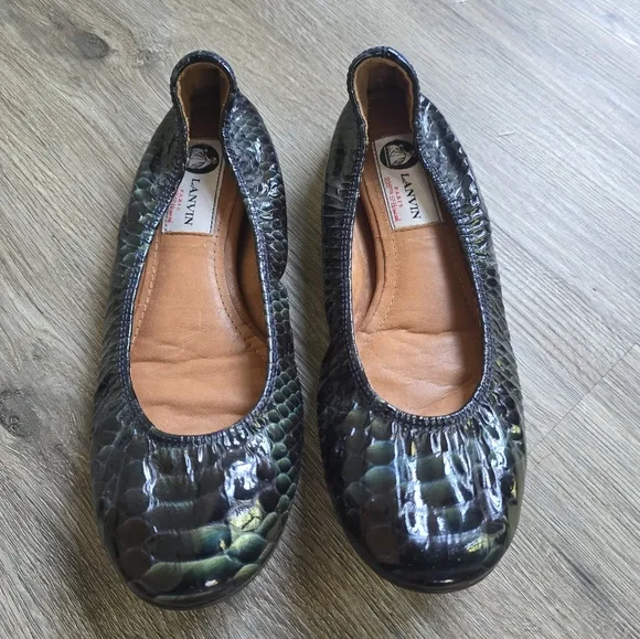 Lanvin Black and Green Python Embossed Leather Ballet Flats Size 37