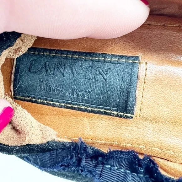 LANVIN Black Leather Navy Cap Toe Ruffle Collar Ballet Flats Size 39.5