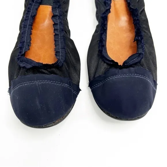 LANVIN Black Leather Navy Cap Toe Ruffle Collar Ballet Flats Size 39.5