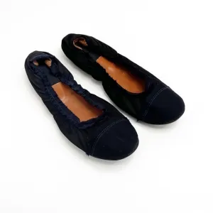 LANVIN Black Leather Navy Cap Toe Ruffle Collar Ballet Flats Size 39.5