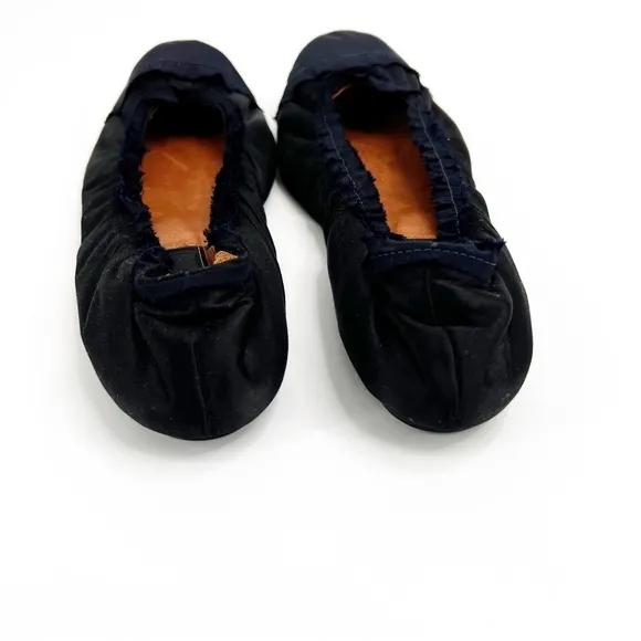 LANVIN Black Leather Navy Cap Toe Ruffle Collar Ballet Flats Size 39.5
