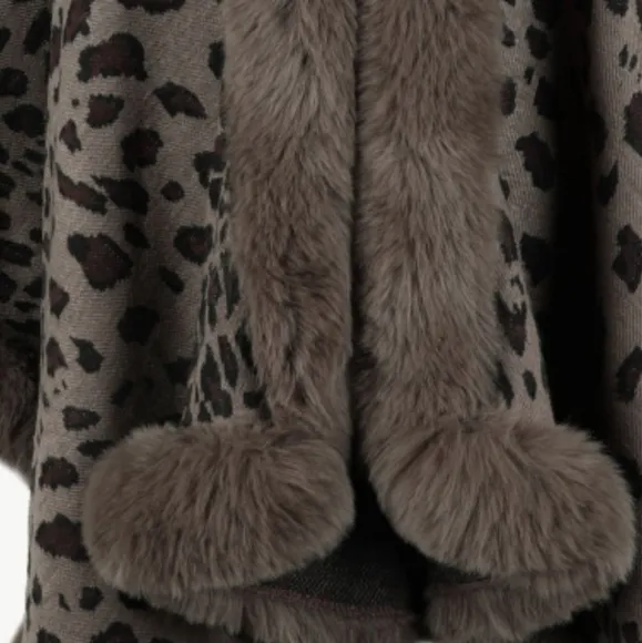 Large Leopard Plush Faux Fur Heavy Cardigan Oversized Sweater Cape Poncho Jacket