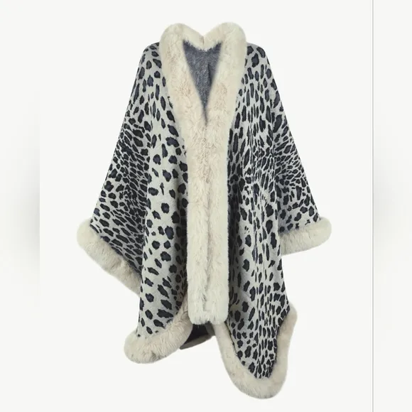 Large Leopard Plush Faux Fur Heavy Cardigan Oversized Sweater Cape Poncho Jacket