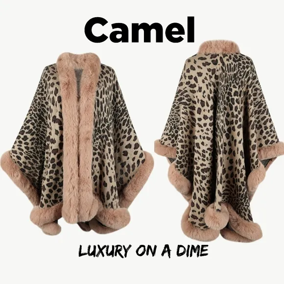 Large Leopard Plush Faux Fur Heavy Cardigan Oversized Sweater Cape Poncho Jacket