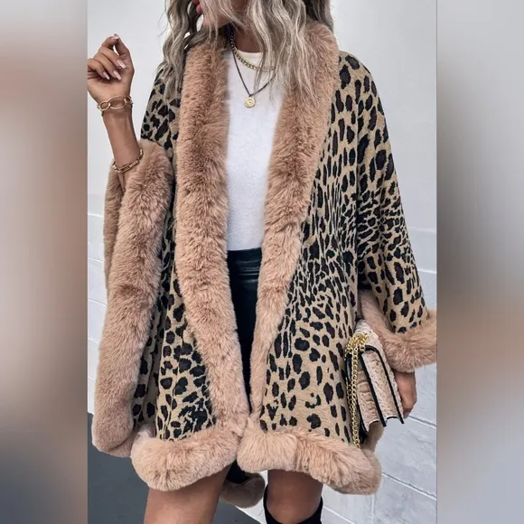 Large Leopard Plush Faux Fur Heavy Cardigan Oversized Sweater Cape Poncho Jacket
