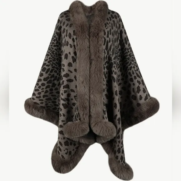 Large Leopard Plush Faux Fur Heavy Cardigan Oversized Sweater Cape Poncho Jacket