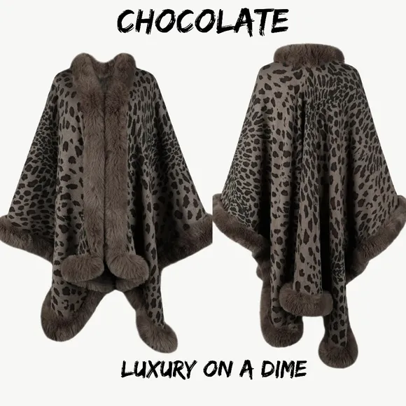 Large Leopard Plush Faux Fur Heavy Cardigan Oversized Sweater Cape Poncho Jacket