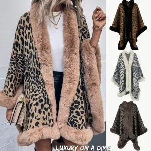 Large Leopard Plush Faux Fur Heavy Cardigan Oversized Sweater Cape Poncho Jacket