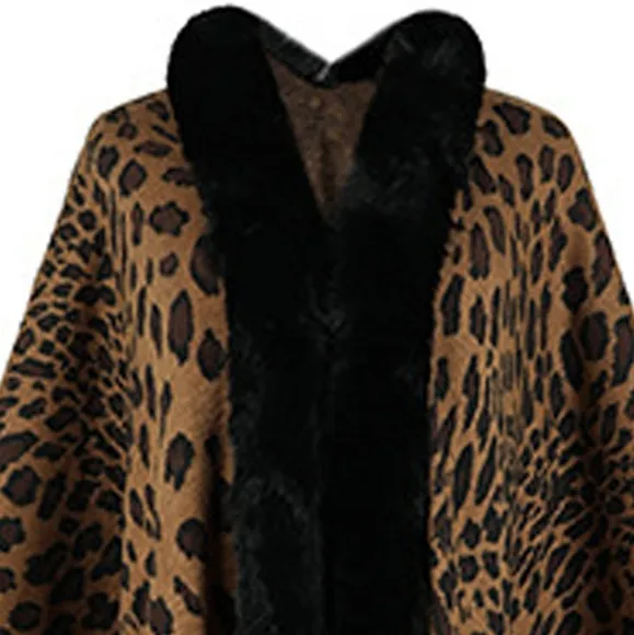 Large Leopard Plush Faux Fur Heavy Cardigan Oversized Sweater Cape Poncho Jacket