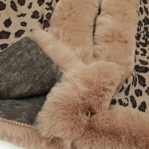 Large Leopard Plush Faux Fur Heavy Cardigan Oversized Sweater Cape Poncho Jacket