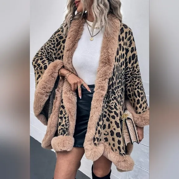 Large Leopard Plush Faux Fur Heavy Cardigan Oversized Sweater Cape Poncho Jacket