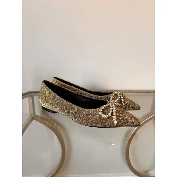 Larroudé Lee Crystal-Embellished Lurex Flats Size 6